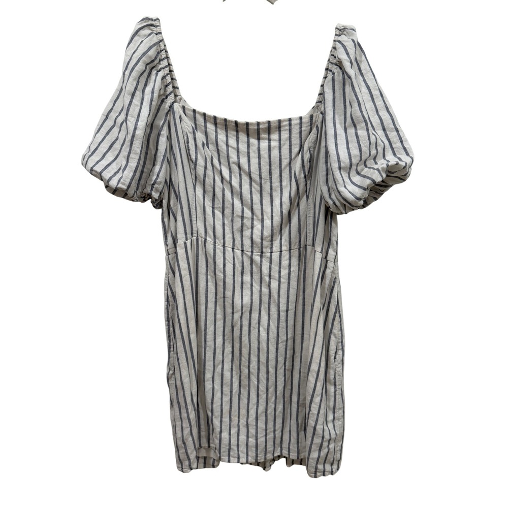 Abercrombie & Fitch Blue White Striped Linen Blend Puff Sleeve Mini Dress XL‎